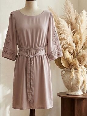 H&M| Tan Feminine Midi Dress w/Lace 3/4 Sleeves & Waist Tie Sz 10
